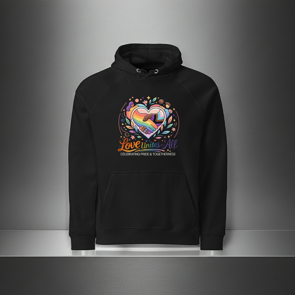 "Love Unites Us All" Organic Cotton Unisex Pride Hoodie - Eco-Friendly Raglan Sweatshirt