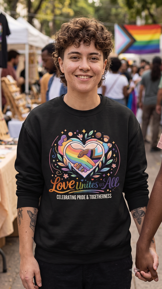 A person standing outdoors at what appears to be a festival or event, wearing a black long-sleeve sweatshirt with a large colorful pride-themed heart graphic and the words 'Love Unites All' and 'CELEBRATING PRIDE & TOGETHERNESS' on the front.