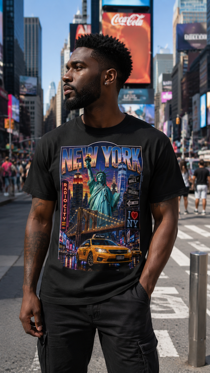 A man wearing a black graphic t-shirt with a colorful 'New York' city print featuring the Statue of Liberty, a yellow cab, and the Radio City sign, standing in Times Square.