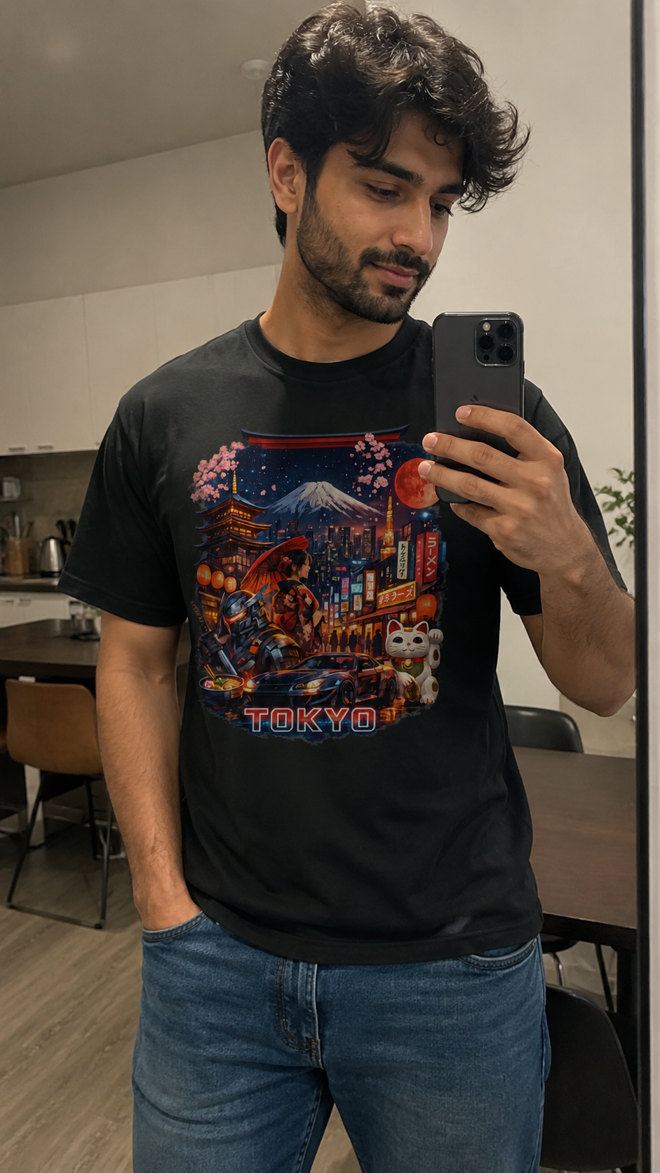 A man taking a mirror selfie in an indoor setting, wearing a black graphic t-shirt with a colorful Tokyo design and blue jeans.