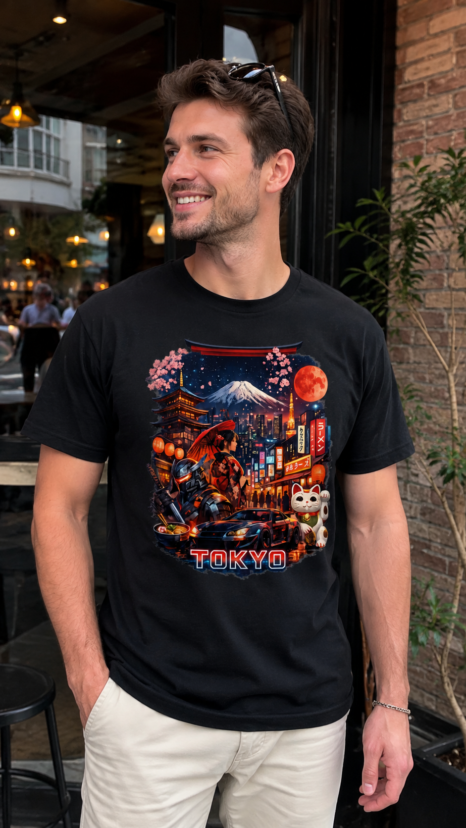 A man wearing a black graphic t-shirt with a colorful Tokyo-themed print, paired with beige pants, standing in front of a cafe storefront.