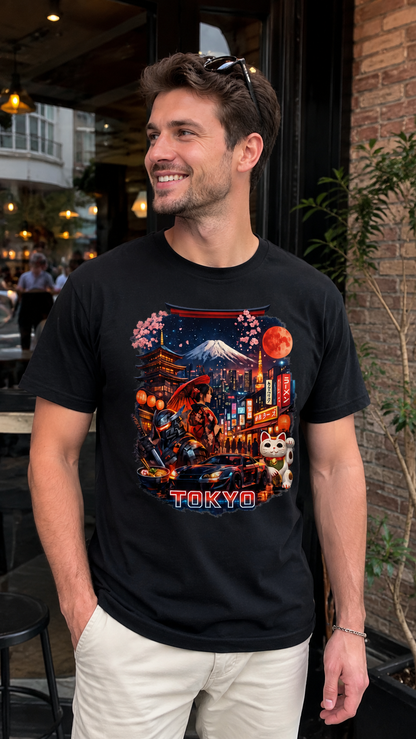 A man wearing a black graphic t-shirt with a colorful Tokyo-themed print, paired with beige pants, standing in front of a cafe storefront.