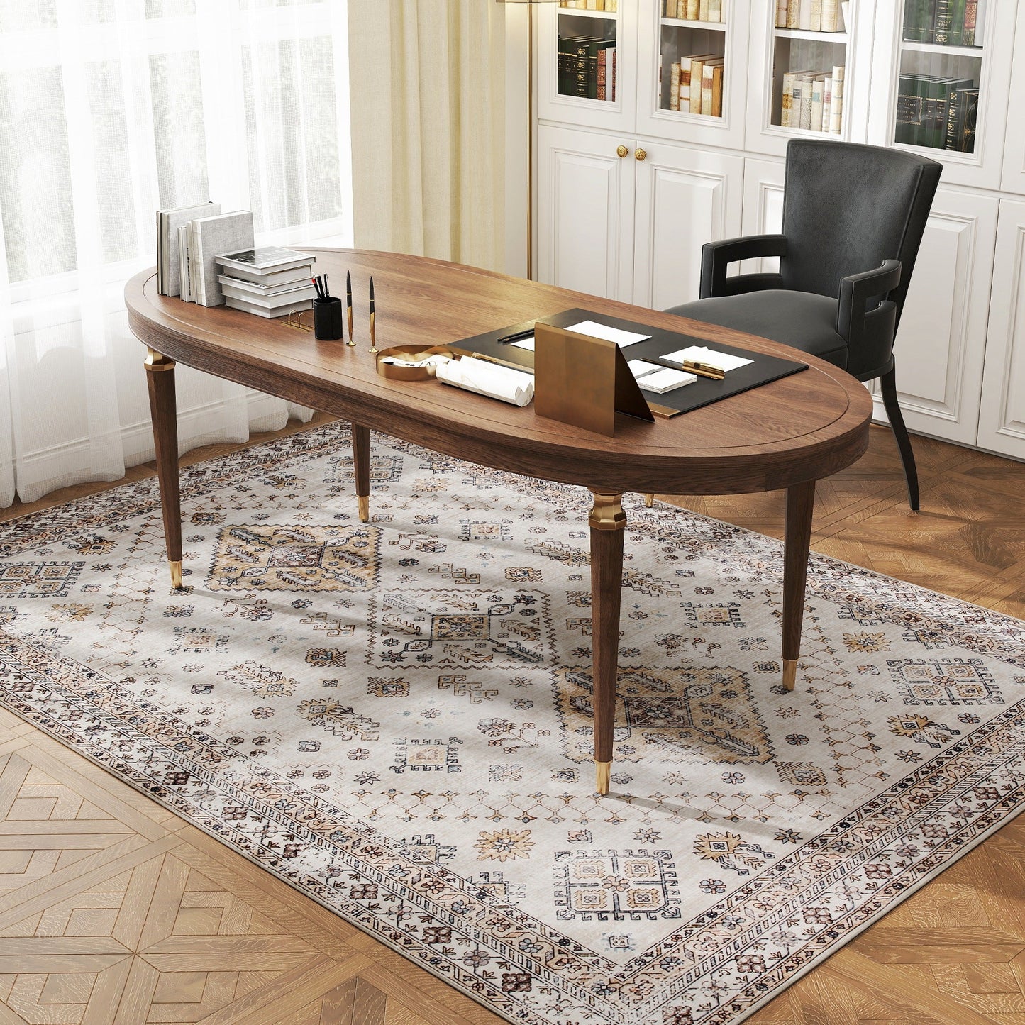 HOMCOM Vintage Area Rug, Non-Slip Washable Rug, Flannel Floor Carpet for Living Room, Bedroom, Dining Room, Home Office, 230 x 160 cm, Beige