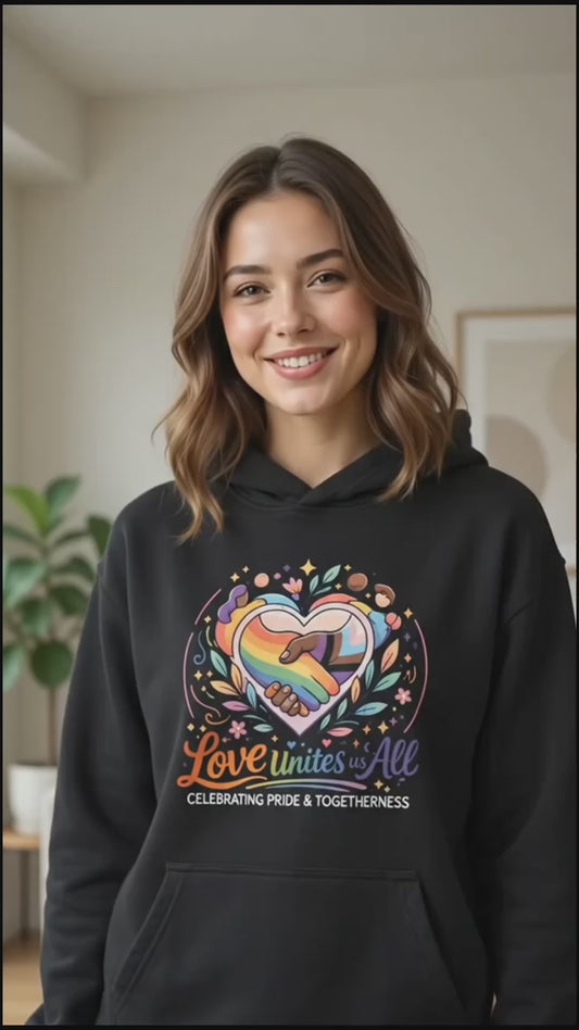 "Love Unites Us All" Organic Cotton Unisex Pride Hoodie - Eco-Friendly Raglan Sweatshirt